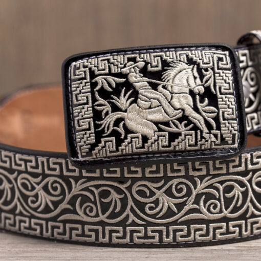 Embroidered Black Leather Belt